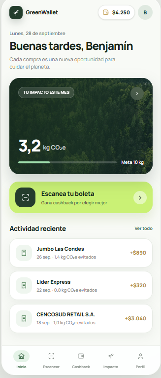Pantalla de GreenWallet con impacto de CO₂, escaneo de boleta y actividad reciente